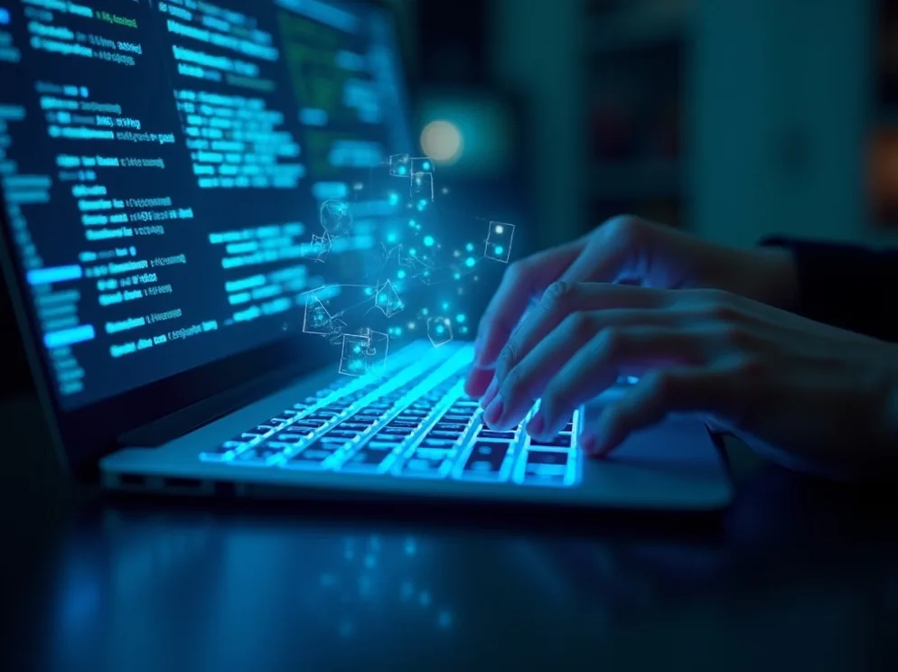 Manos tecleando con datos holográficos