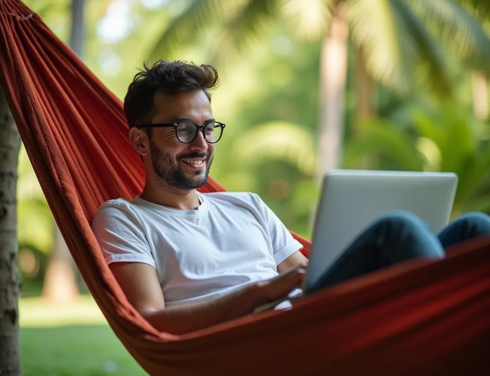 Desarrollador trabajando desde una hamaca al aire libre