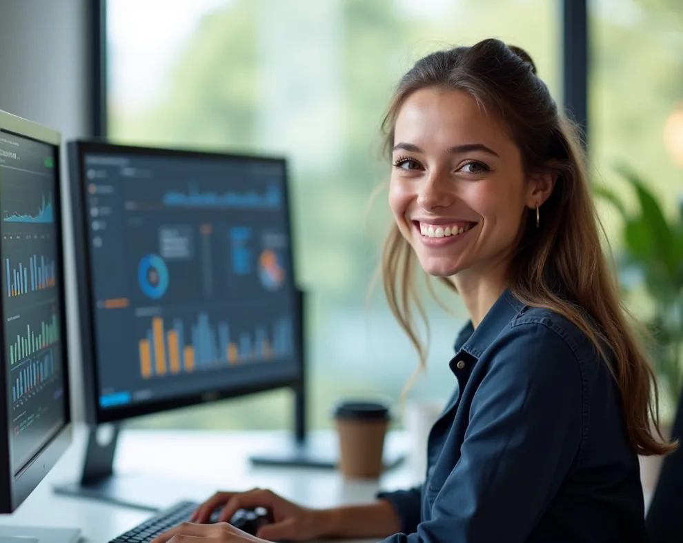 Analista revisando paneles de datos en dos monitores